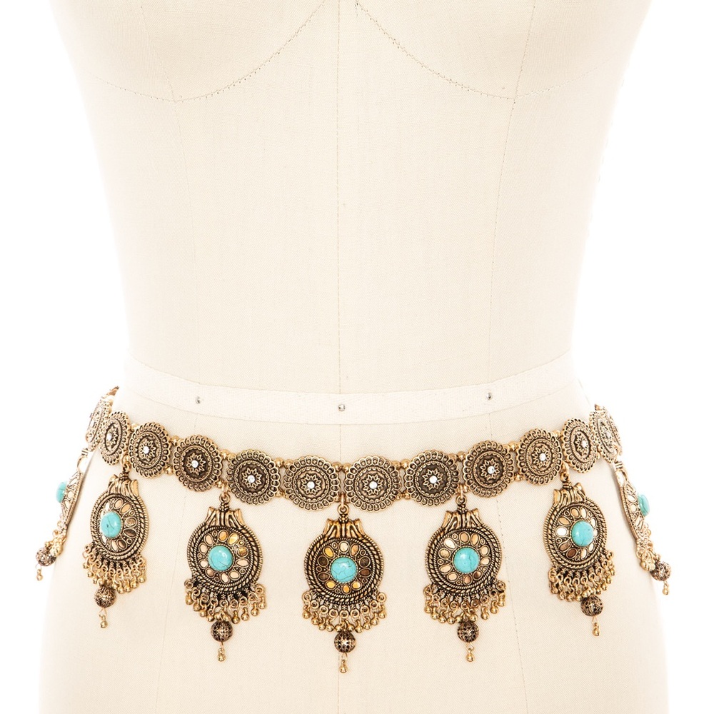 Gold or Silver Turquoise Accent Fringe Medallion Chain Statement Belt
